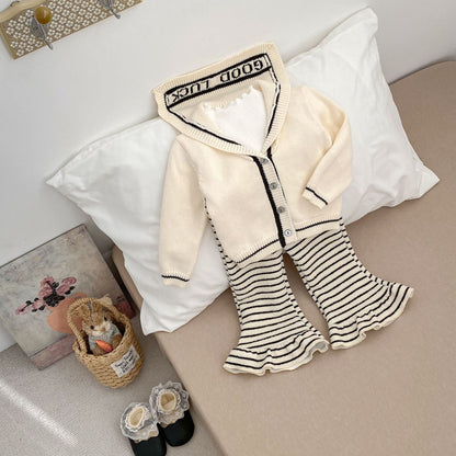 Spring Baby Kids Girls Long Sleeves Casual Cardigan and Striped Pants Knitted Clothing Set, MyKids-USA®, Baby & Toddler Outfits, MyKids-USA - Size/Age - 73 (6-9M) - Color - Beige -  -  - TR2601181859-A.