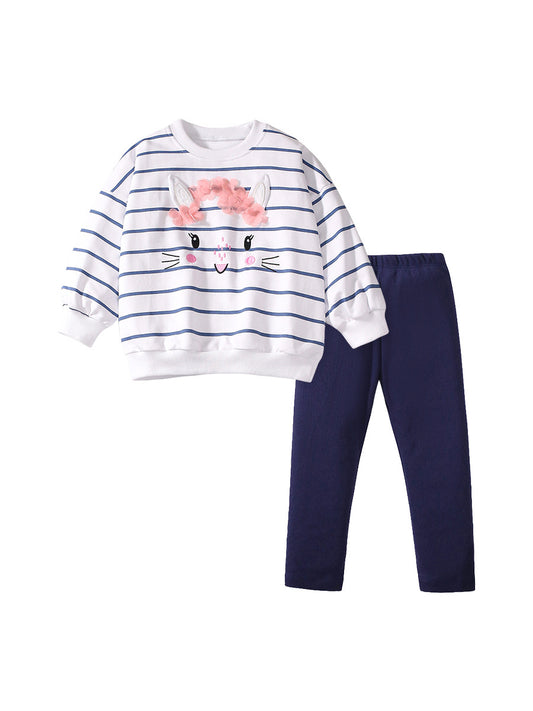 Spring And Autumn Girls Cartoon Rabbit And Striped Pattern Long Sleeves Crew Neck Top Sweatshirt And Pants Clothing Set, MyKids-USA®, Baby & Toddler Outfits, MyKids-USA - Size/Age - 90 (12-24M) - Color - Navy Blue (Dark Blue) -  -  - TR2407281427-A