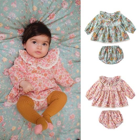 Spring Baby Kids Girls Floral Ruffle Collar Top And Shorts Clothing Set