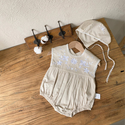 Design Summer Baby Kids Sleeveless Flowers Embroidered Bodysuit with Hat