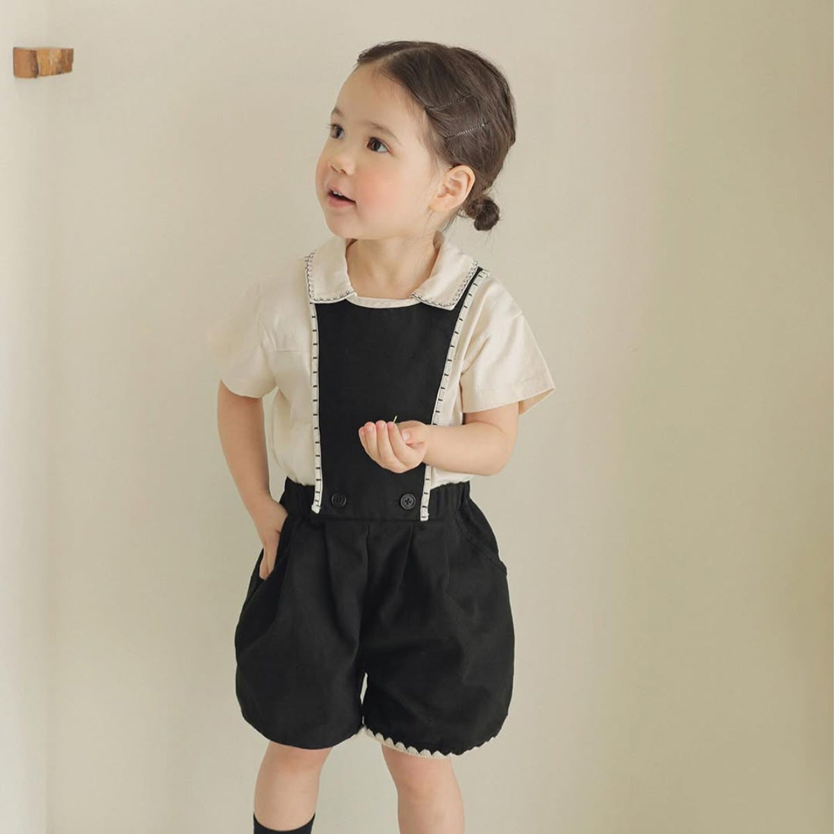 Summer Baby Kids Unisex Lace Trim Turn-down Collar Short Sleeves Casual Top Shirt and Black Overalls, MyKids-USA®, Baby & Toddler Outfits, MyKids-USA -  -  -  -  -  -  - 