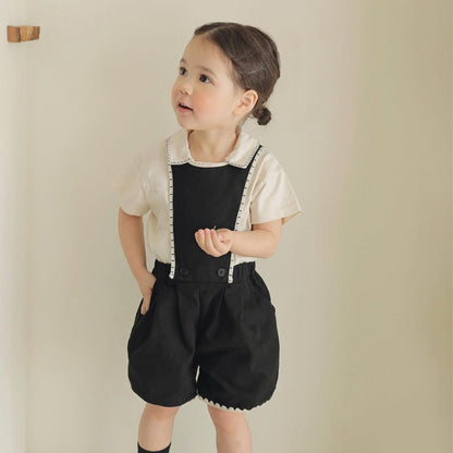 Summer Baby Kids Unisex Lace Trim Turn-down Collar Short Sleeves Casual Top Shirt and Black Overalls, MyKids-USA®, Baby & Toddler Outfits, MyKids-USA -  -  -  -  -  -  - 