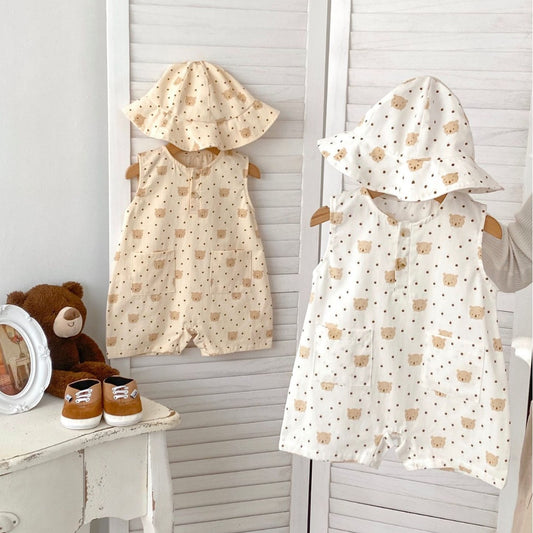 Summer New Arrival Sleeveless Crew Neck Teddy And Dots Pattern Baby Rompers With Hat