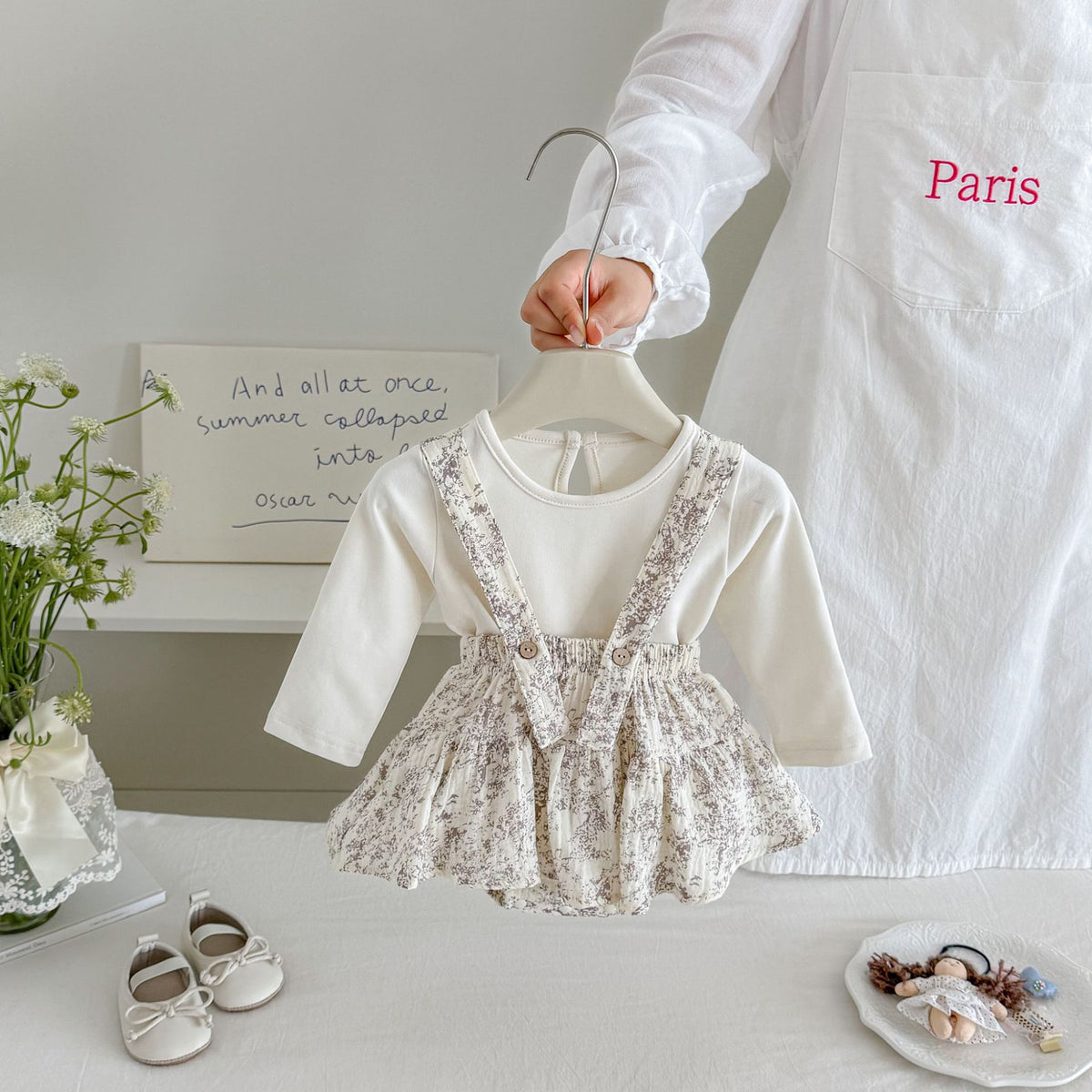 MyKids-USA® Hot Selling Autumn Baby Kids Girls Long Sleeves Solid Color Top and Sleeveless Floral Overalls Set