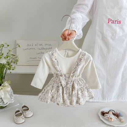 MyKids-USA® Hot Selling Autumn Baby Kids Girls Long Sleeves Solid Color Top and Sleeveless Floral Overalls Set