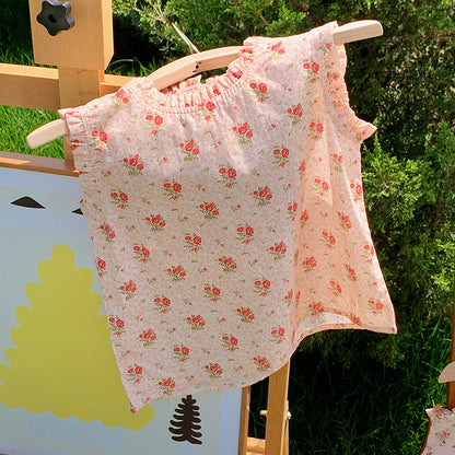 Summer New Design Kids Girls Ruffle Crew Neck Sleeveless Thin Floral Pattern Top Vest