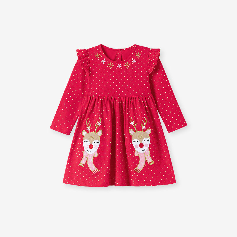 Autumn Arrival Cartoon Animals Christmas Pattern Long Sleeves Crew Neck Dress for Stylish Girls, MyKids-USA®, Baby & Toddler Dresses, MyKids-USA - Size/Age - 90 (12-24M) - Color - Red -  -  - TR2507092007-A