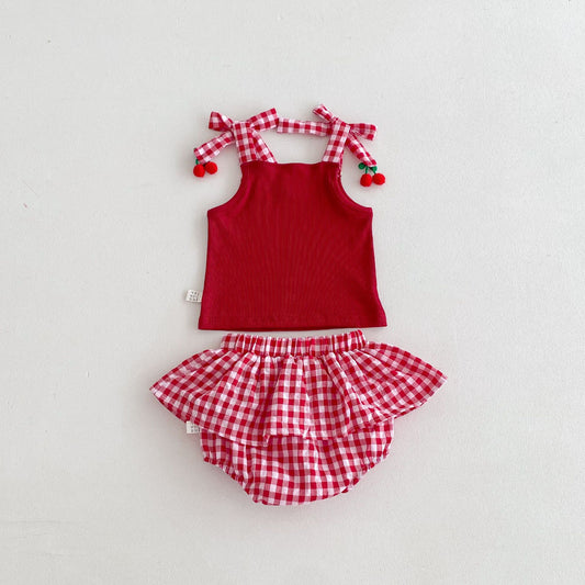 Summer Baby Kids Girls Sleeveless Plaid Vest and Bloomers Clothing Set