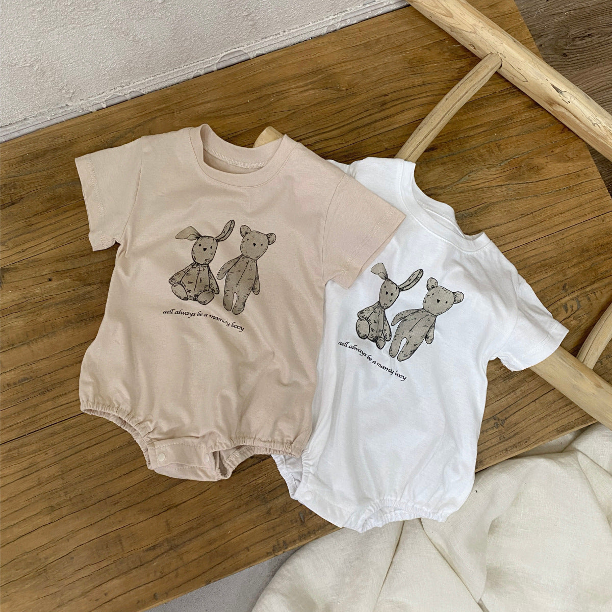 Summer Arrival Baby Short Sleeves Cartoon and Letters Pattern Bodysuit