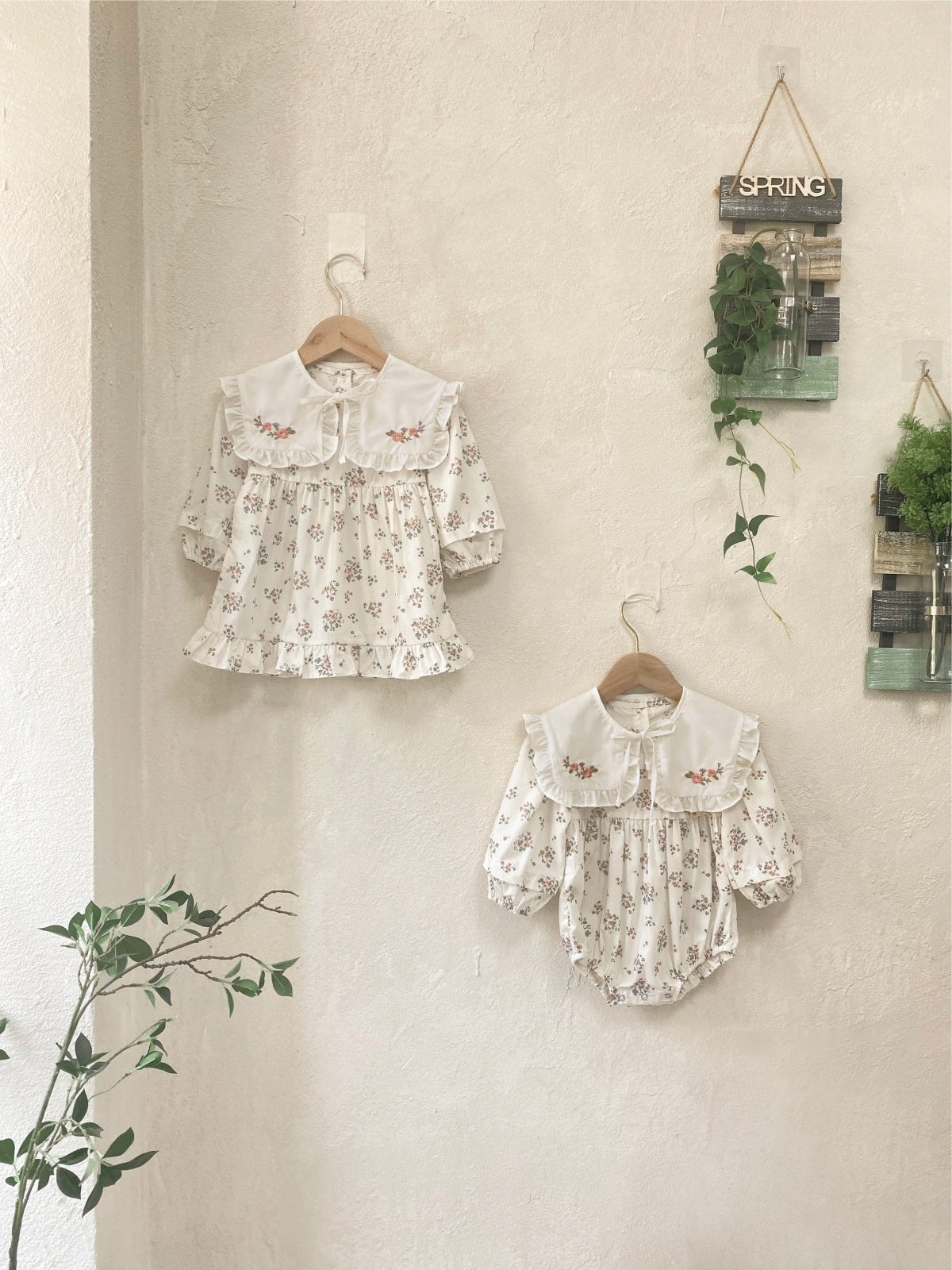MyKids-USA® Autumn Baby Girls Floral Long-sleeved Onesies and Dress with Lace Capelet Shawl – Princess Sister Matching Set