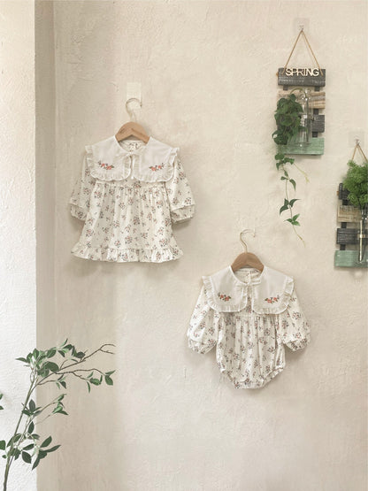 MyKids-USA® Autumn Baby Girls Floral Long-sleeved Onesies and Dress with Lace Capelet Shawl – Princess Sister Matching Set