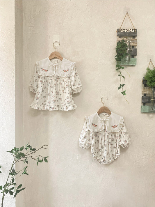 MyKids-USA® Autumn Baby Girls Floral Long-sleeved Onesies and Dress with Lace Capelet Shawl – Princess Sister Matching Set