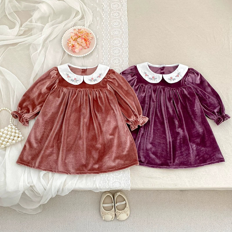 Autumn Baby Kids Girls Long Sleeves Velvet Dress with Embroidery Collar, MyKids-USA®, Baby & Toddler Dresses, MyKids-USA -  -  -  -  -  -  - 