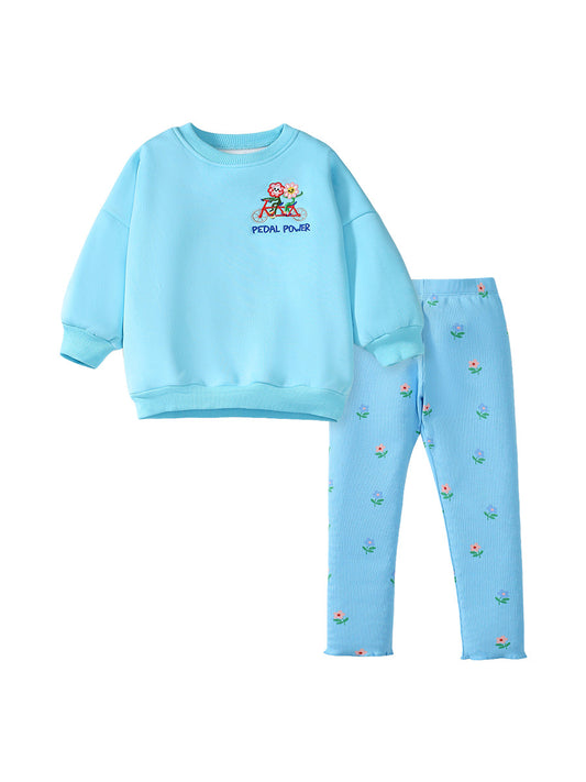 Spring And Autumn Girls Cartoon Flowers Pattern Long Sleeves Top Warm Sweatshirt And Pants Clothing Set, MyKids-USA®, Baby & Toddler Outfits, MyKids-USA - Size/Age - 90 (12-24M) - Color - Blue -  -  - TR2407102306-A