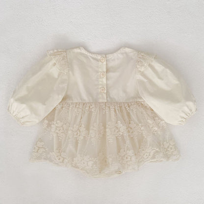 Spring Arrival Baby Girls Long Sleeves Floral Tulle Decorated Dress Design Bodysuit