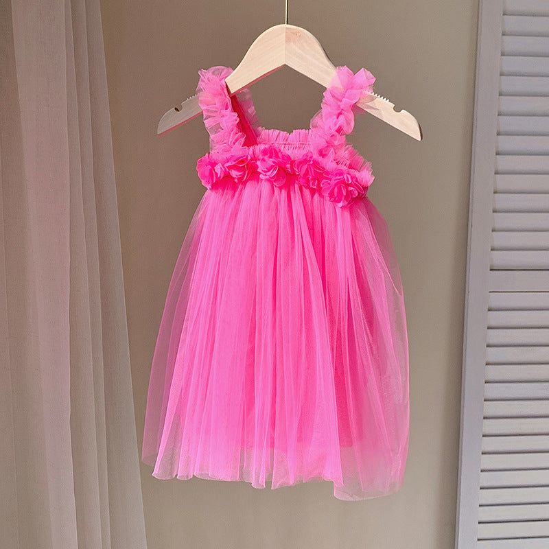 Summer Baby Kids Girls Sleeveless 3D Flowers Mesh Strap Dress