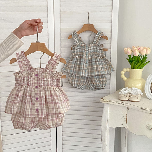 Summer Baby Kids Girls Plaid Sleeveless Strap Single Breasted Top And Shorts Casual Clothing Set, MyKids-USA®, Baby & Toddler Outfits, MyKids-USA -  -  -  -  -  -  - 