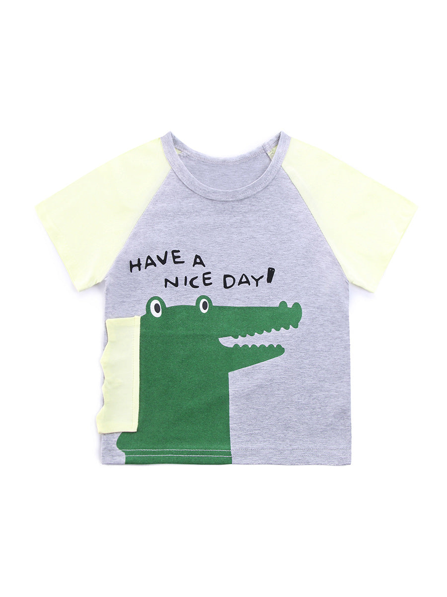 Boys’ Crocodile Cartoon Print Color Patchwork T-Shirt In European And American Style
