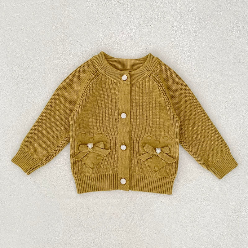 Autumn Arrival Baby Girls Comfortable Butterfly-bows Decorated Knitted Long Sleeves Cardigan, MyKids-USA®, Cardigans, MyKids-USA - Size/Age - 66 (3-6M) - Color - Yellow -  -  - TR2507242137-C
