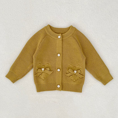 Autumn Arrival Baby Girls Comfortable Butterfly-bows Decorated Knitted Long Sleeves Cardigan, MyKids-USA®, Cardigans, MyKids-USA - Size/Age - 66 (3-6M) - Color - Yellow -  -  - TR2507242137-C