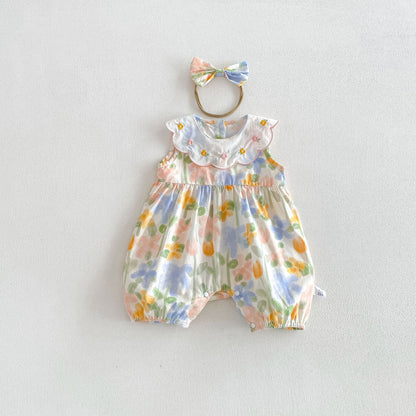 Summer Arrival Baby Girls Sleeveless Crew Neck Floral Pattern Rompers, MyKids-USA®, Baby & Children's One-Pieces, MyKids-USA - Size/Age - 66 (3-6M) - Color - Light Yellow -  -  - TR2604202251-A.