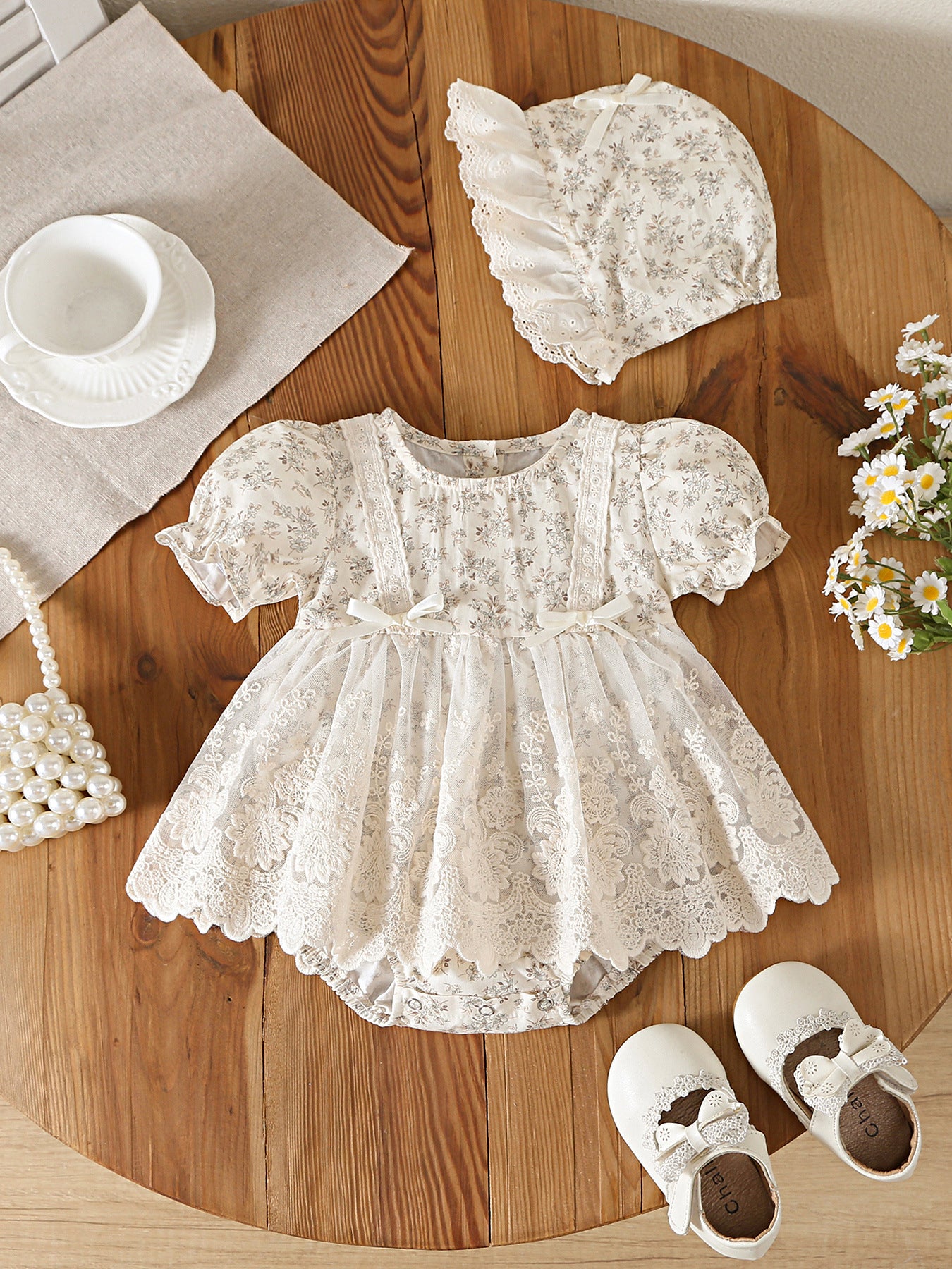 Design Summer Baby Kids Girls Short Sleeves Flowers Pattern Bodysuit Dress with Hat