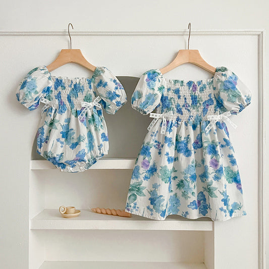 Summer Girls Blue Floral Pattern Square Neck Pleated Onesies And Girls’ Dress – Princess Sister Matching Set