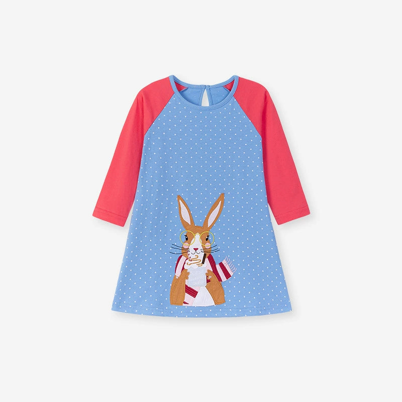 Autumn Arrival Cartoon Rabbit Pattern Long Sleeves Crew Neck Color Patchwork Dress for Stylish Girls, MyKids-USA®, Baby & Toddler Dresses, MyKids-USA - Size/Age - 90 (12-24M) - Color - Blue -  -  - TR2507092003-A