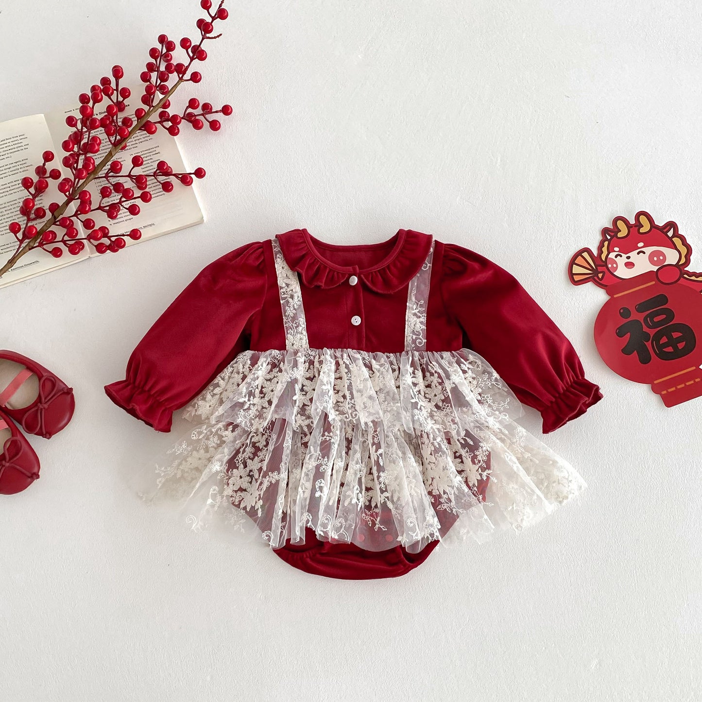 Arrival Baby Girls Long Sleeves Ruffle Collar Onesies Bodysuits Tulle Patchwork Dress, MyKids-USA®, Baby One-Pieces, MyKids-USA - Size/Age - 66 (3-6M) - Color - Red -  -  - TR2410282332-A