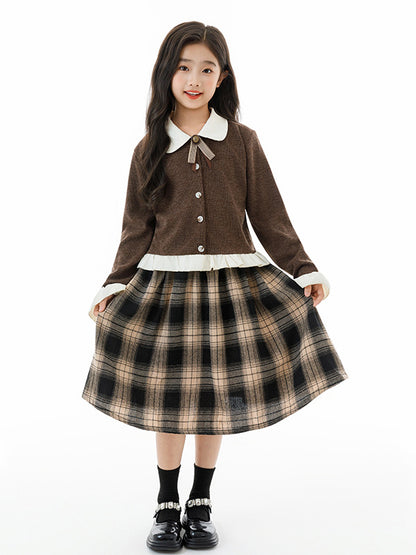 Arrival Autumn Kids Girls Long Sleeves Color Patchwork Cardigan and Plaid Skirt Clothing Set