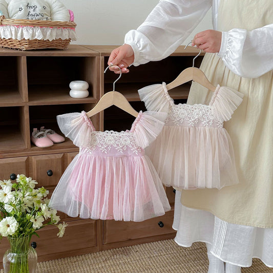 Summer Arrival Baby Girls Fly Sleeves Tulle Patchwork Pink Bodysuit Dress