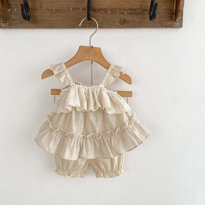 New Design Summer Baby Kids Girls Floral Embroidery And Hollow-Out Pattern Ruffle Strap Dress And Shorts Clothing Set