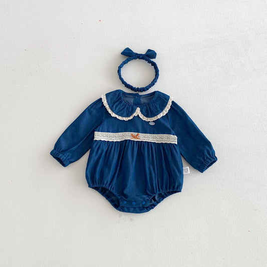 Spring Arrival Baby Girls Long Sleeves Blue Lace Trim Bodysuit