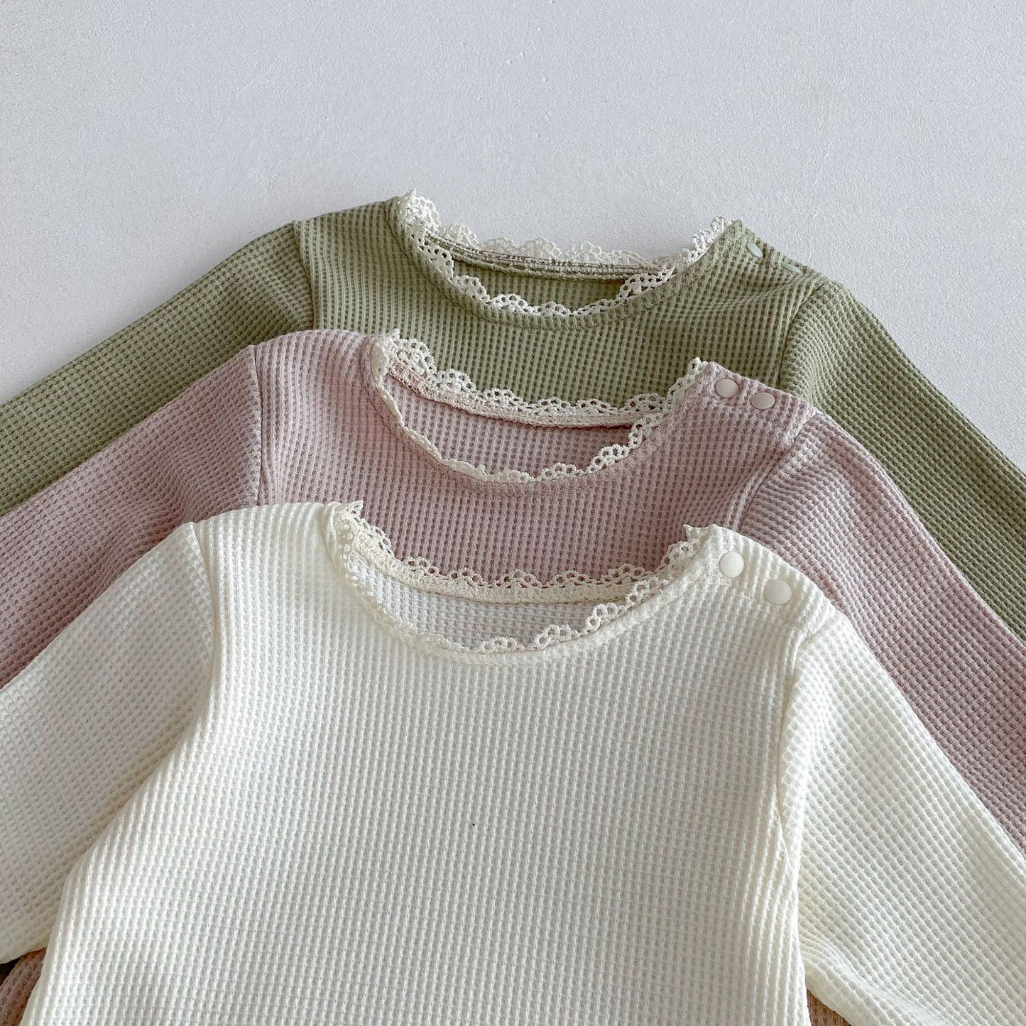 Autumn Arrival Baby Unisex Long Sleeves Lace Trim Decorated Waffle Grid Onesies with Hat, MyKids-USA®, Baby One-Pieces, MyKids-USA -  -  -  -  -  -  - 