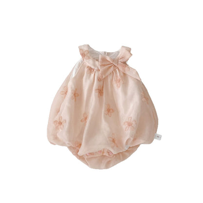 Summer Arrival Sleeveless Flowers Pattern Butterfly-bow Decorated Collar Onesies for Stylish Girls, MyKids-USA®, Baby One-Pieces, MyKids-USA - Size/Age - 66 (3-6M) - Color - Pink -  -  - TR2504301842-B