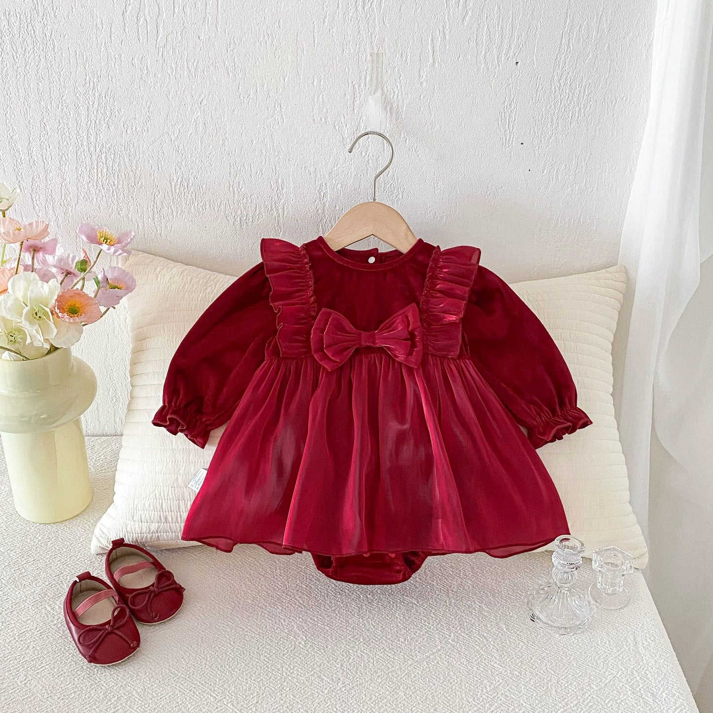 Autumn Arrival Baby Girls Long Sleeves Butterfly-bow Decorated Red Onesies Dress, MyKids-USA®, Baby One-Pieces, MyKids-USA - Size/Age - 66 (3-6M) - Color - Red -  -  - TR2508242145-A