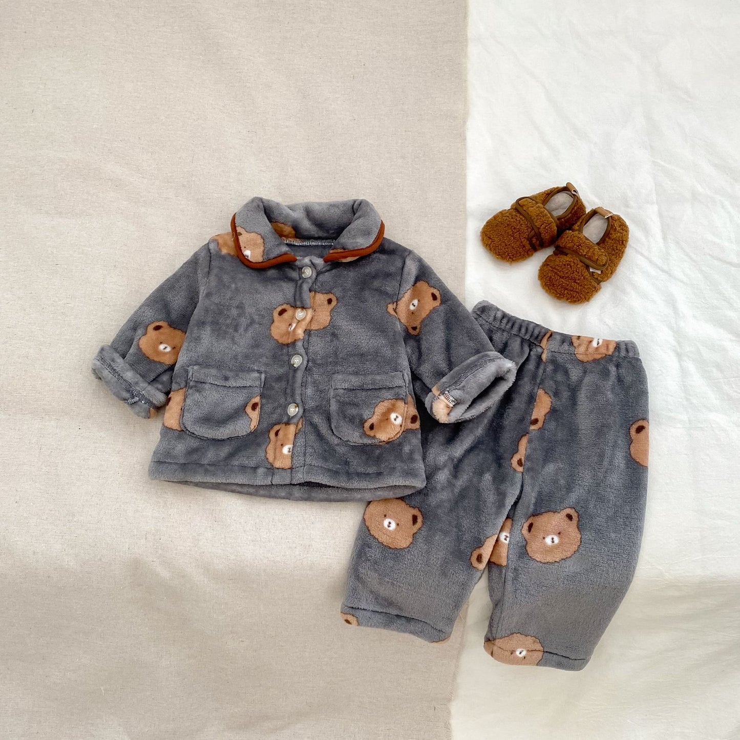 Winter Baby Kids Boys Long Sleeves Cute Teddy Bear Pattern Top and Pants Fluffy Warm Pajamas Clothing Set, MyKids-USA®, Baby & Toddler Sleepwear, MyKids-USA - Size/Age - 73 (6-9M) - Color - Grey -  -  - TR2512011814-B