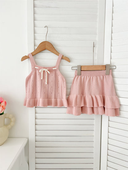 Summer Baby Kids Solid Color and Striped Hollow-out Pattern Sleeveless Top Vest with Skirt Clothing Set for Girls, MyKids-USA®, Baby & Toddler Outfits, MyKids-USA - Size/Age - 80 (9-12M) - Color - Pink -  -  - TR2504260039-C