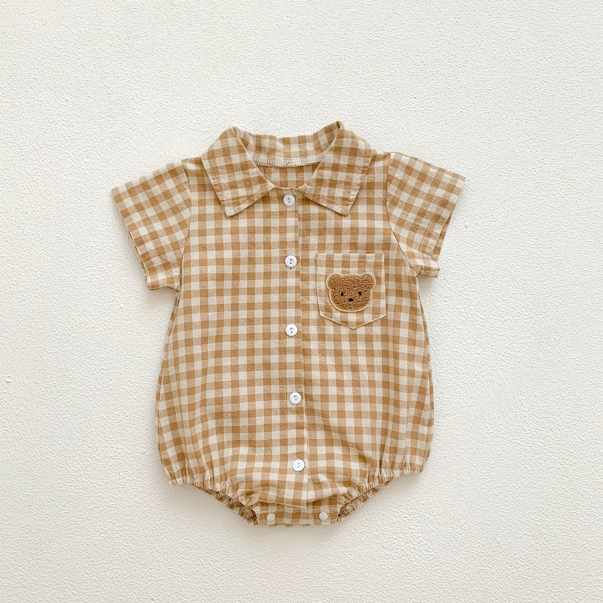 Summer Arrival Baby Boys Plaid and Teddy Bear Pattern Short Sleeves Onesies with Turn-down Collar, MyKids-USA®, Baby One-Pieces, MyKids-USA - Size/Age - 66 (3-6M) - Color - Khaki -  -  - TR2506182019-C