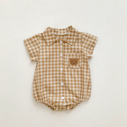 Summer Arrival Baby Boys Plaid and Teddy Bear Pattern Short Sleeves Onesies with Turn-down Collar, MyKids-USA®, Baby One-Pieces, MyKids-USA - Size/Age - 66 (3-6M) - Color - Khaki -  -  - TR2506182019-C