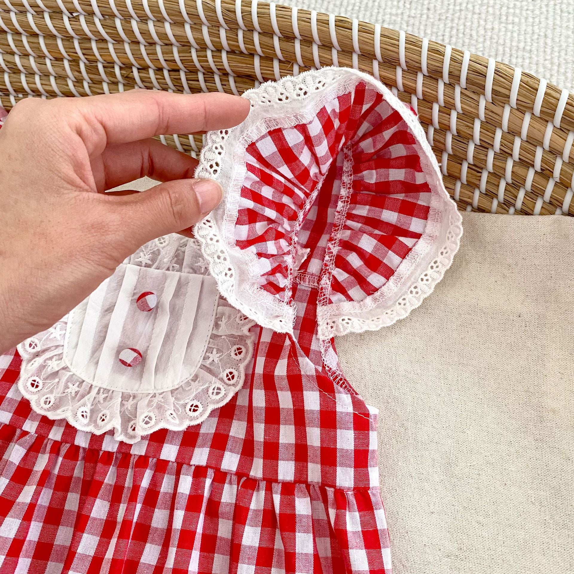 Summer Arrival Baby Girls Fly Sleeves Thin Plaid Pattern Strap Onesies, MyKids-USA®, Baby One-Pieces, MyKids-USA -  -  -  -  -  -  - 