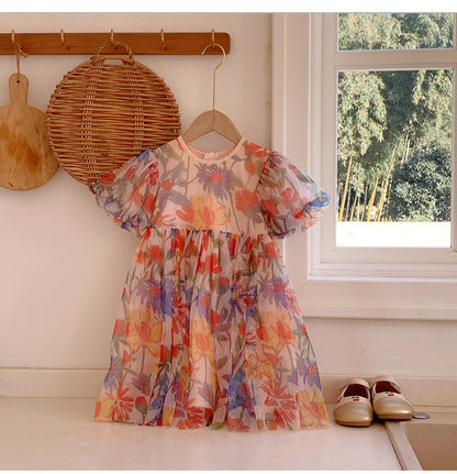 Summer Baby Kids Girls Short Sleeves Flowers Pattern Tulle Dress, MyKids-USA®, Baby & Children's Dresses, MyKids-USA -  -  -  -  -  -  - .