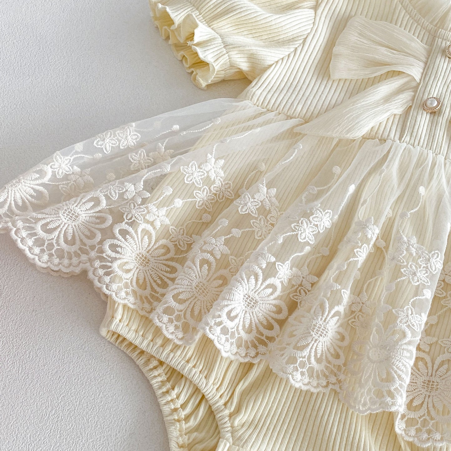 Design Summer Baby Kids Girls Short Sleeves Flowers Embroidery Pattern Tulle Bodysuit Dress