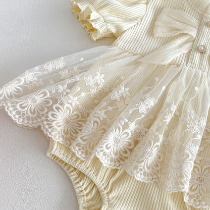 Design Summer Baby Kids Girls Short Sleeves Flowers Embroidery Pattern Tulle Bodysuit Dress