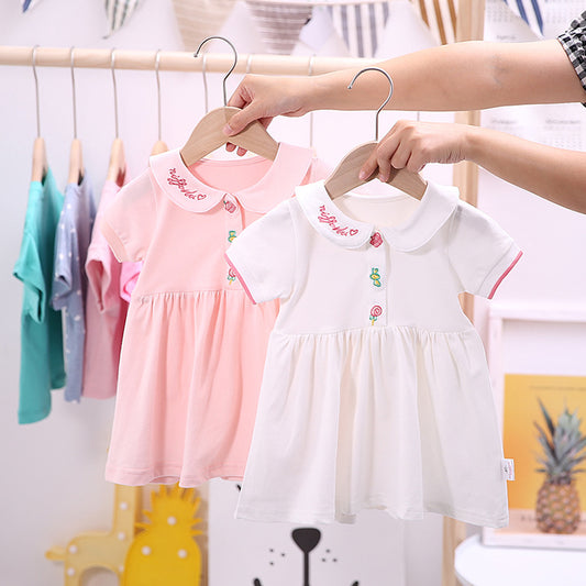 New Arrival Summer Girls Short Sleeves Simple Embroidery Peter Pan Collar Dress
