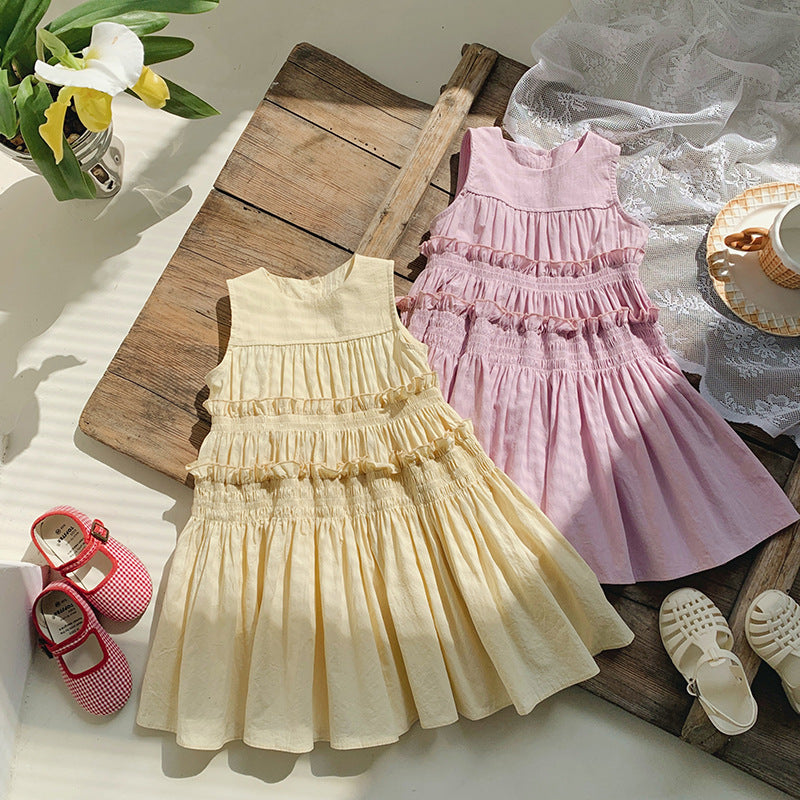 Summer Kids Girls French Style Solid Color Sleeveless Pleated Dress
