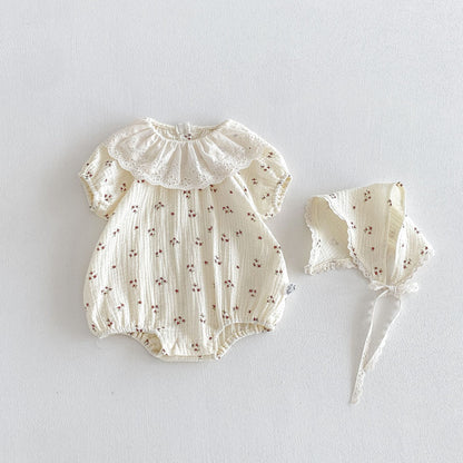Design Summer Baby Kids Girls Short Sleeves Floral Pattern Bodysuit with Hat