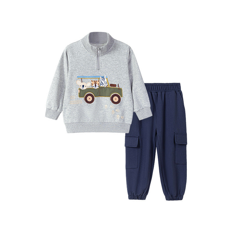 Spring and Autumn Boys Animals Cartoon Pattern Long Sleeves Zip-up Collar Top Sweatshirt and Plain Pants Clothing Set, MyKids-USA®, Baby & Toddler Outfits, MyKids-USA - Size/Age - 90 (12-24M) - Color - Grey -  -  - TR2507092019-A