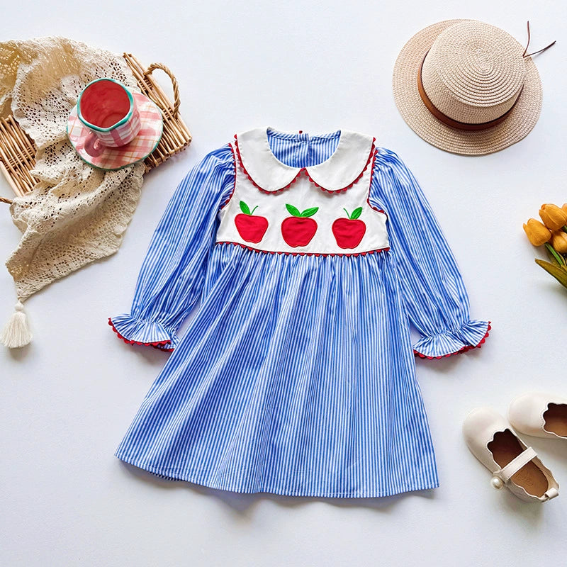Autumn Arrival Baby Kids Girls Apples Pattern Long Sleeves Striped Dress, MyKids-USA®, Baby & Toddler Dresses, MyKids-USA -  -  -  -  -  -  - 