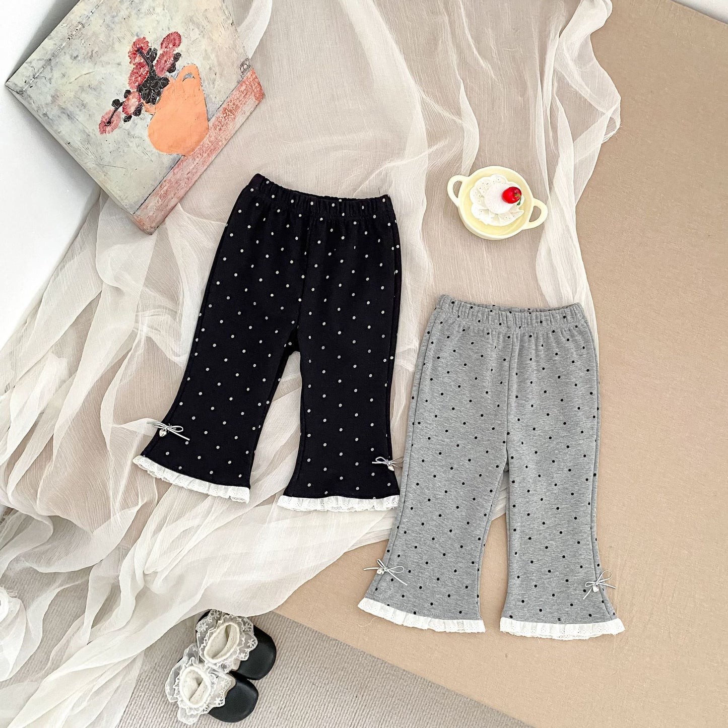 MyKids-USA® Arrival Autumn Dots Pattern Lace Trim Flared Pants for Girls